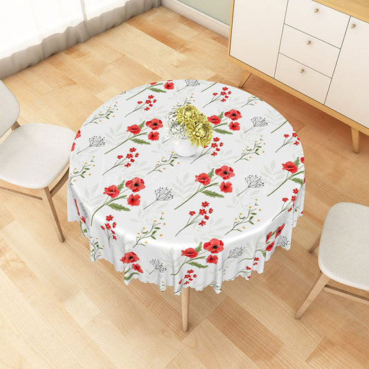 Lofaris Red Flower Round Tablecloth with Green Stems on White for Modern Floral and Minimalist Dining Decor