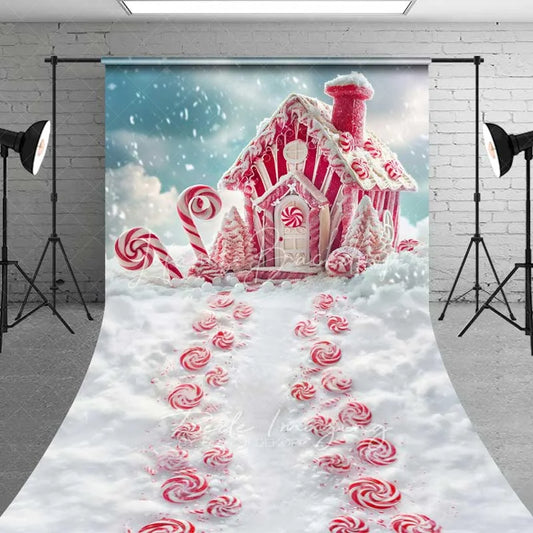 Lofaris Red Gingerbread House Sweep Backdrop Candy Cane Lane Peppermint Path Snow Floor Photo Background