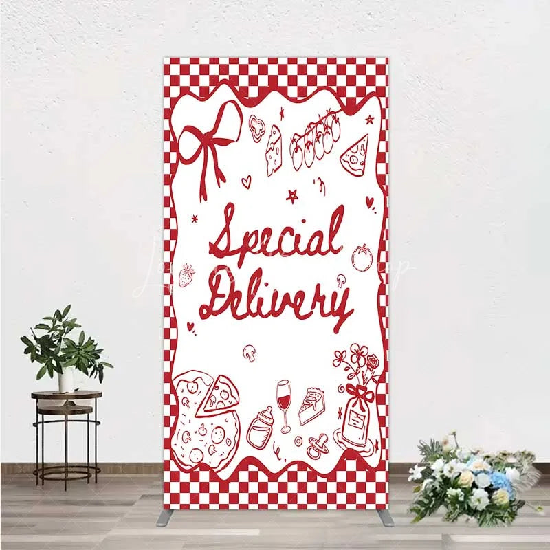 Lofaris Red Gingham Special Delivery Rectangle Backdrop Pizza Baby Bottle and Cake Slice for Shower Party