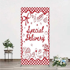 Lofaris Red Gingham Special Delivery Rectangle Backdrop Pizza Baby Bottle and Cake Slice for Shower Party