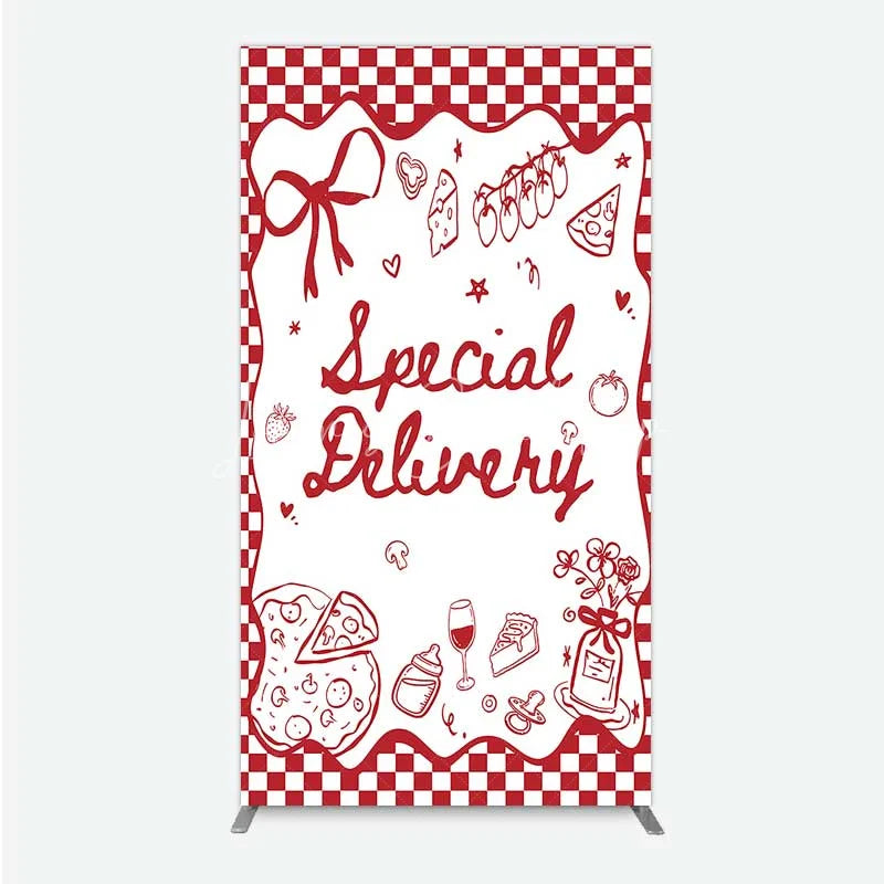 Lofaris Red Gingham Special Delivery Rectangle Backdrop Pizza Baby Bottle and Cake Slice for Shower Party