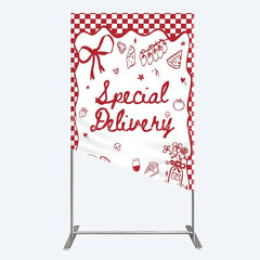 Lofaris Red Gingham Special Delivery Rectangle Backdrop Pizza Baby Bottle and Cake Slice for Shower Party