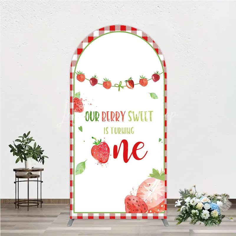 Lofaris Red Gingham Strawberry Berry Sweet is Turning One Arch Backdrop Kit First Birthday Party Decor