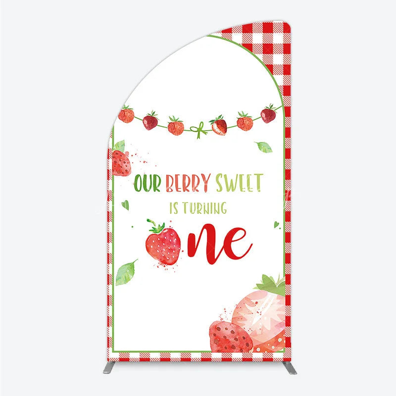 Lofaris Red Gingham Strawberry Berry Sweet is Turning One Half Moon Arch Backdrop Kit First Birthday Party Decor