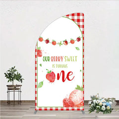 Lofaris Red Gingham Strawberry Berry Sweet is Turning One Half Moon Arch Backdrop Kit First Birthday Party Decor
