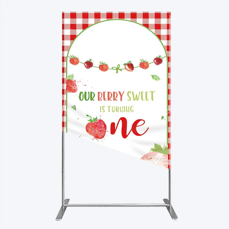 Lofaris Red Gingham Strawberry Berry Sweet is Turning One Rectangle Backdrop Kit First Birthday Party Decor