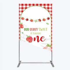 Lofaris Red Gingham Strawberry Berry Sweet is Turning One Rectangle Backdrop Kit First Birthday Party Decor
