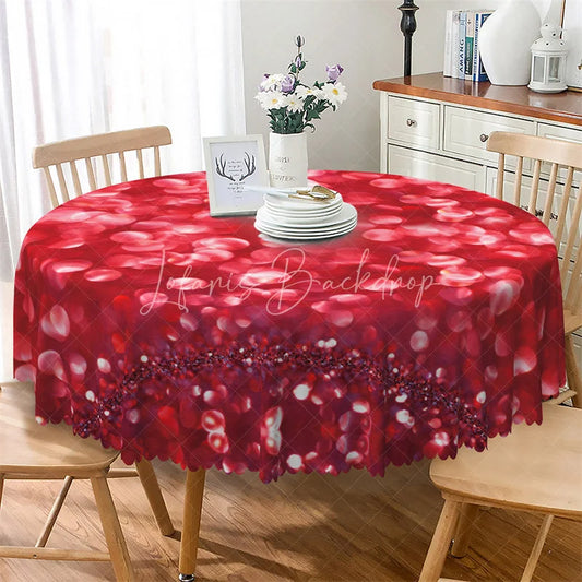 Lofaris Red Glitter Bokeh Heart Round Tablecloth Sparkle Love Pattern Table Cover for Wedding