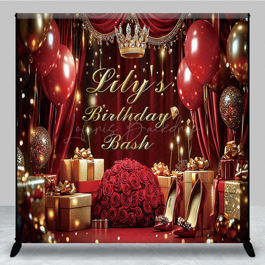 Lofaris Red Gold Balloons Royal Custom Name Birthday Backdrop