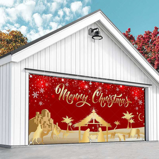 Lofaris Red Gold Snowy Night Nativity Garage Door Banner