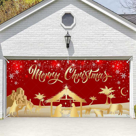 Lofaris Red Gold Snowy Night Nativity Garage Door Banner