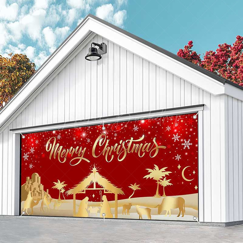 Lofaris Red Gold Snowy Night Nativity Garage Door Banner