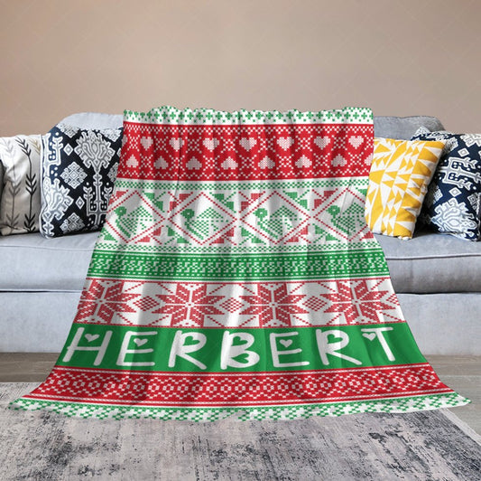Lofaris Red Green Christmas Vibe Pattern Custom Name Blanket