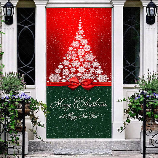Lofaris Red Green Snowy Tree Bow Tie Christmas Door Cover