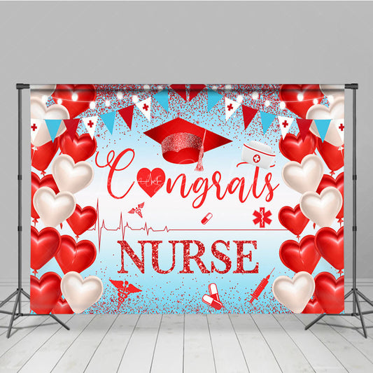 Lofaris Red Heart Balloon Glitter Nurse Congrats Grad Backdrop