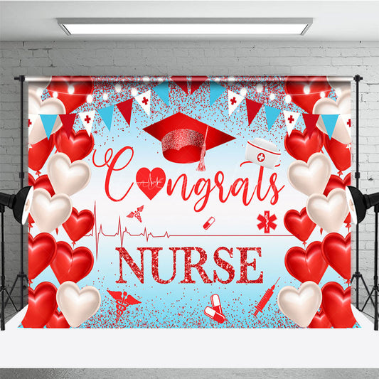 Lofaris Red Heart Balloon Glitter Nurse Congrats Grad Backdrop