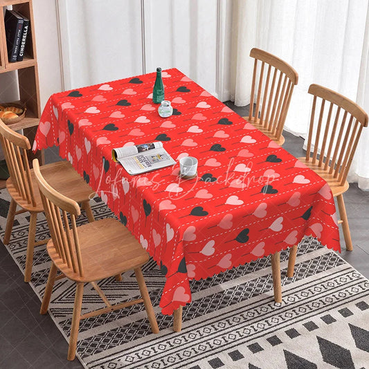 Lofaris Red Heart Balloon String Rectangle Tablecloth Cute Dotted Line Pattern Romantic Valentine Date Night Home Decor