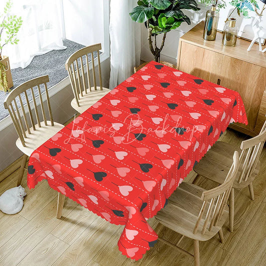 Lofaris Red Heart Balloon String Rectangle Tablecloth Cute Dotted Line Pattern Romantic Valentine Date Night Home Decor