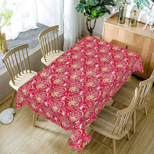 Lofaris Red Heart Floral Rectangle Tablecloth Romantic Rose Love Pattern Valentine Anniversary Kitchen Dining Decor