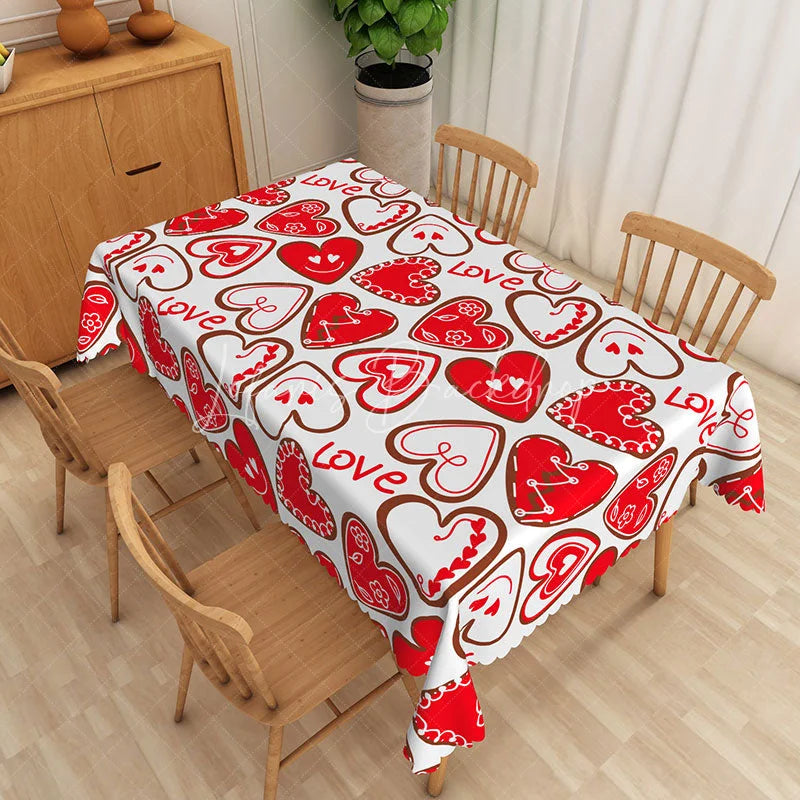 Lofaris Red Heart Love Text Rectangle Tablecloth Cute Valentine Doodle Table Cover Romantic Dinner Party Decor