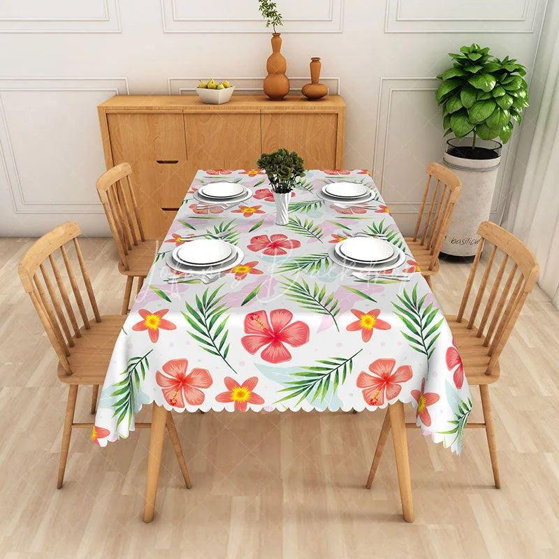 Lofaris Red Hibiscus and Palm Leaf Rectangle Tablecloth Tropical Floral Table Cover Summer Luau Party Decorations