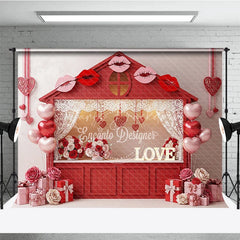 Lofaris Red House Kissing Booth Backdrop Lace Curtains Lips Balloons Background Valentine Day Photography Decoration