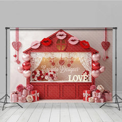 Lofaris Red House Kissing Booth Backdrop Lace Curtains Lips Balloons Background Valentine Day Photography Decoration
