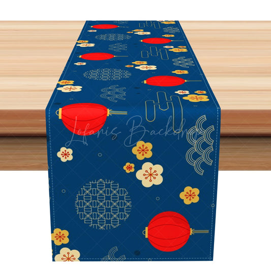 Lofaris Red Lantern Flower Blue Chinese New Year Table Runner