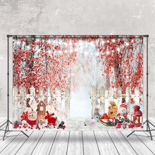 Lofaris Red Leaves Snow Forest Snowman Christmas Backdrop