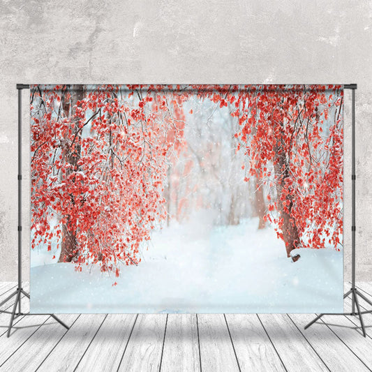 Lofaris Red Leaves Tree Forest Snow Winter Photo Backdrop