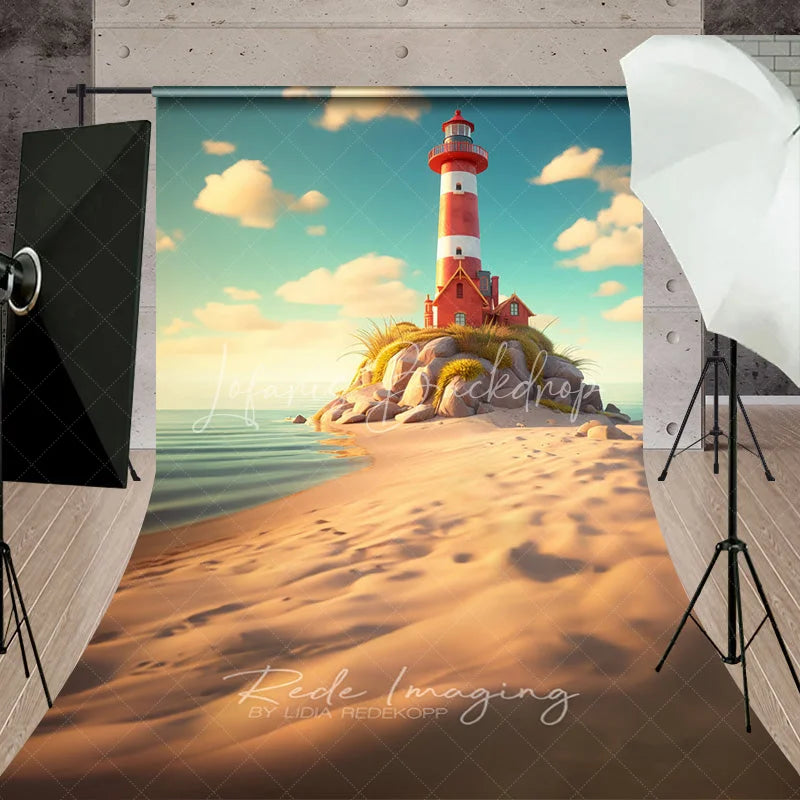 Lofaris Red Lighthouse Summer Ocean Photography Backdrop Seaside Rocks and Sand Sweep Portrait Studio Background