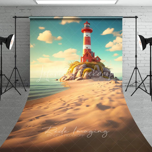 Lofaris Red Lighthouse Summer Ocean Photography Backdrop Seaside Rocks and Sand Sweep Portrait Studio Background