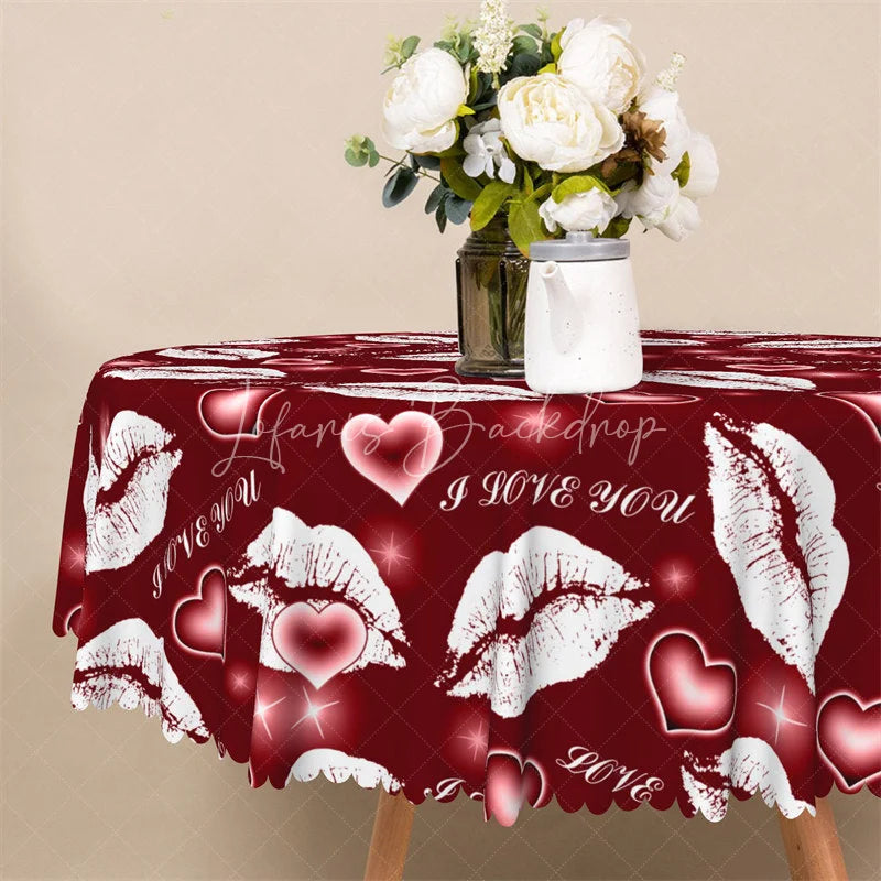 Lofaris Red Lip I Love You Round Tablecloth Romantic Kiss Mark Heart Table Cover for Valentine