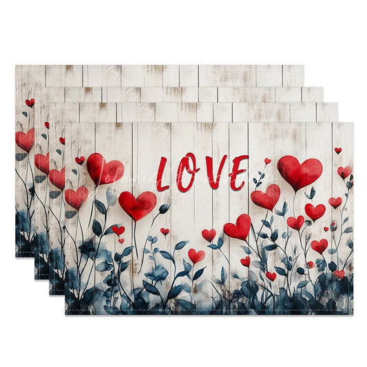 Lofaris Red Love Heart Wood Plank Set of 4 Placemats Romantic Valentine Text Decoration Rustic Art Dining Table Mat