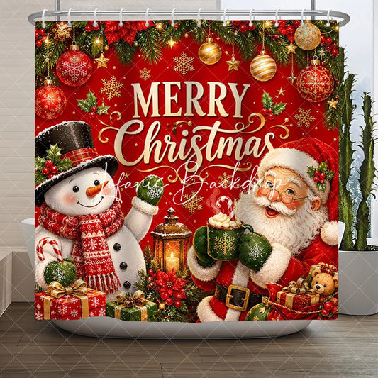 Lofaris Red Merry Christmas Santa and Snowman Shower Curtain Festive Holiday Gifts Ornaments Decor
