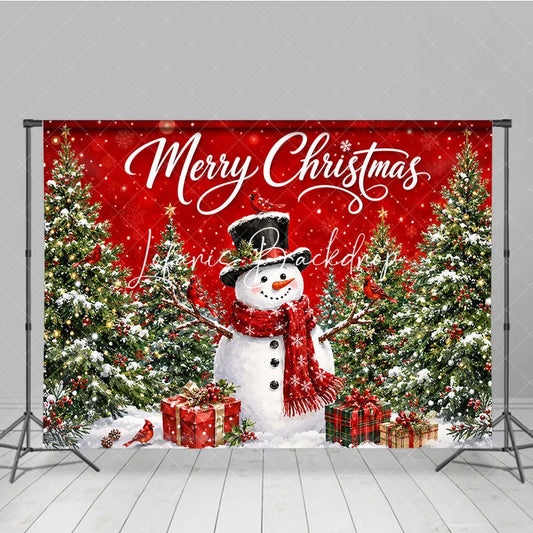 Lofaris Red Merry Christmas Snowman and Tree Holiday Backdrop Winter Wonderland Party Decor