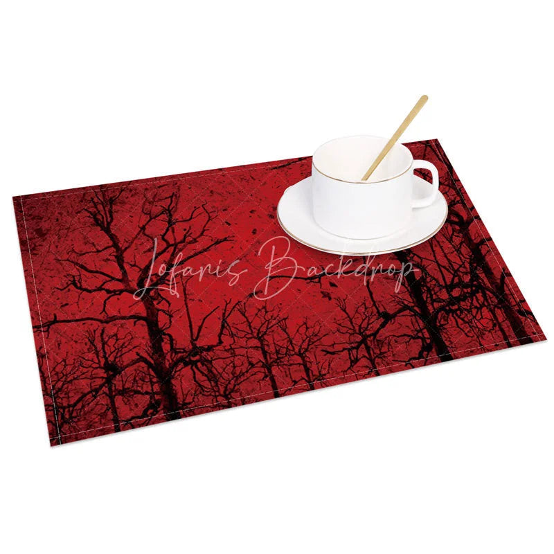 Lofaris Red Moon and Withered Trees Set of 4 Placemats for Spooky Halloween Gothic Dining Room Decor