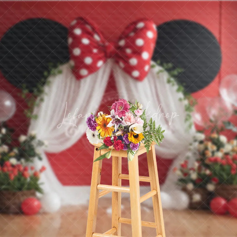 Lofaris Red Mouse Ears Birthday Backdrop Polka Dot Bow Arch Banner Girl First Cake Smash Photo Props