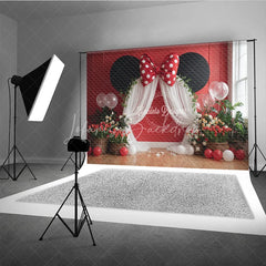 Lofaris Red Mouse Ears Birthday Backdrop Polka Dot Bow Arch Banner Girl First Cake Smash Photo Props