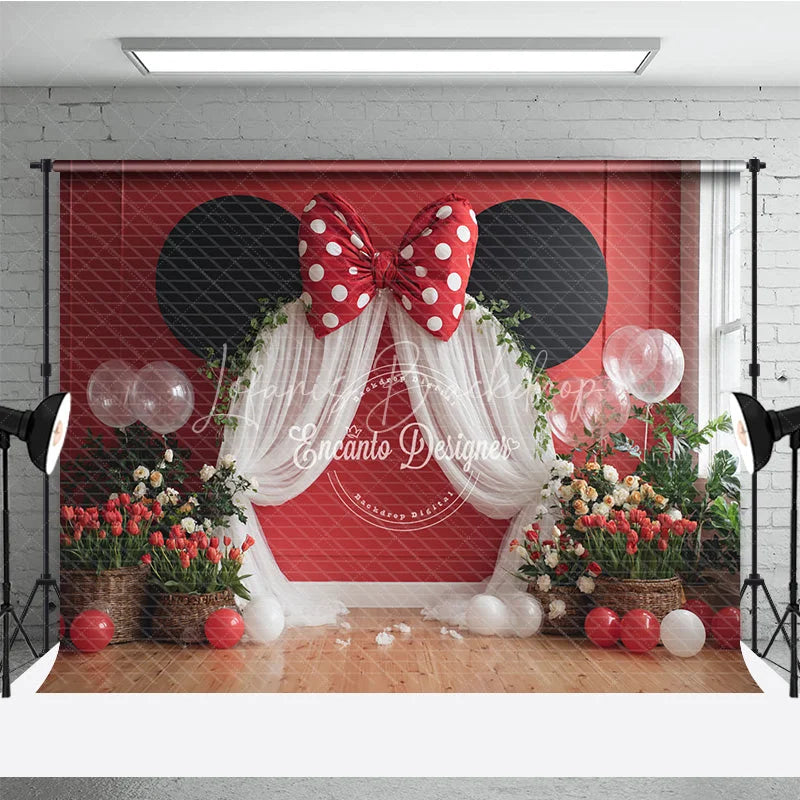 Lofaris Red Mouse Ears Birthday Backdrop Polka Dot Bow Arch Banner Girl First Cake Smash Photo Props