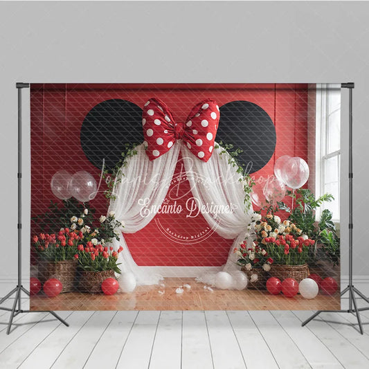 Lofaris Red Mouse Ears Birthday Backdrop Polka Dot Bow Arch Banner Girl First Cake Smash Photo Props