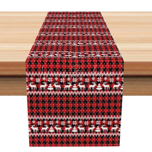 Lofaris Red Plaid Christmas Table Runner Rustic Fair Isle with Reindeer Farmhouse Holiday Dining Decor