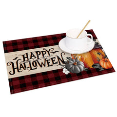 Lofaris Red Plaid Halloween Set of 4 Placemats with Pumpkin and Witch Hat for Farmhouse Spooky Decor