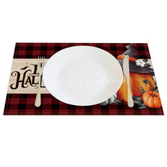 Lofaris Red Plaid Halloween Set of 4 Placemats with Pumpkin and Witch Hat for Farmhouse Spooky Decor