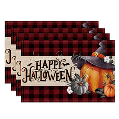 Lofaris Red Plaid Halloween Set of 4 Placemats with Pumpkin and Witch Hat for Farmhouse Spooky Decor