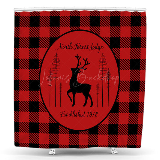 Lofaris Red Plaid North Forest Lodge Christmas Shower Curtain