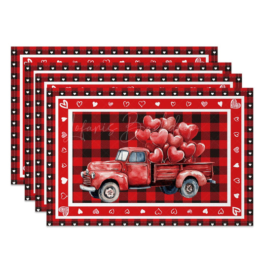 Lofaris Red Plaid Truck Valentines Day Set Of 4 Placemats