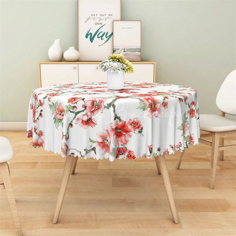 Lofaris Red Plum Blossom Round Tablecloth Spring Floral Branch Table Cover for Holiday Party