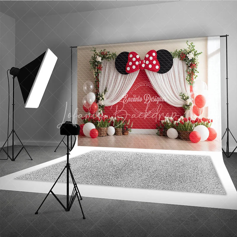 Lofaris Red Polka Dot Bow Backdrop Mouse Ears Birthday Banner Wall White Curtains for Girl Cake Smash Props