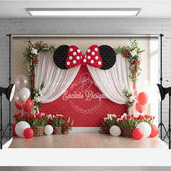 Lofaris Red Polka Dot Bow Backdrop Mouse Ears Birthday Banner Wall White Curtains for Girl Cake Smash Props